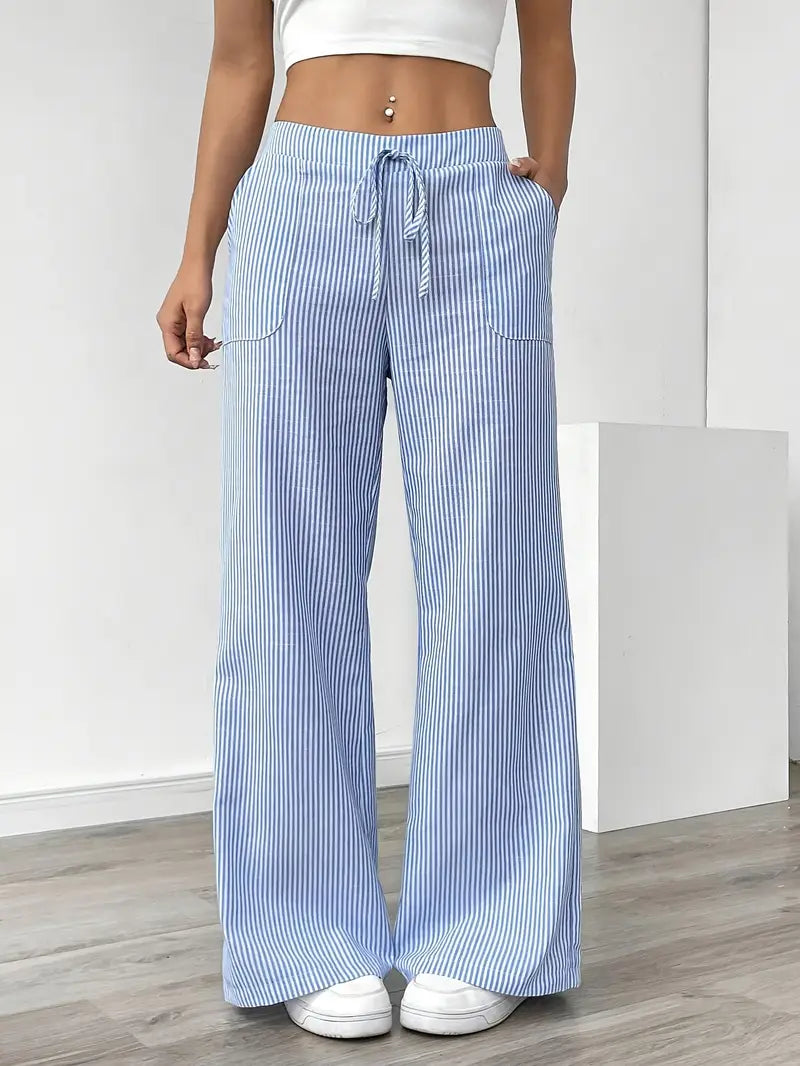 Pantaloni a gamba larga a righe casual da donna, eleganti e larghi - Pantaloni estivi leggeri e traspiranti con tasche