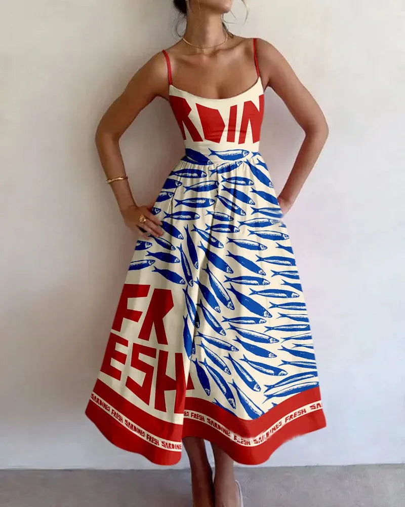 Abito midi elegante donna con stampa astratta di pesci – Flattere, artistico, estivo, perfetto per invitate a matrimoni