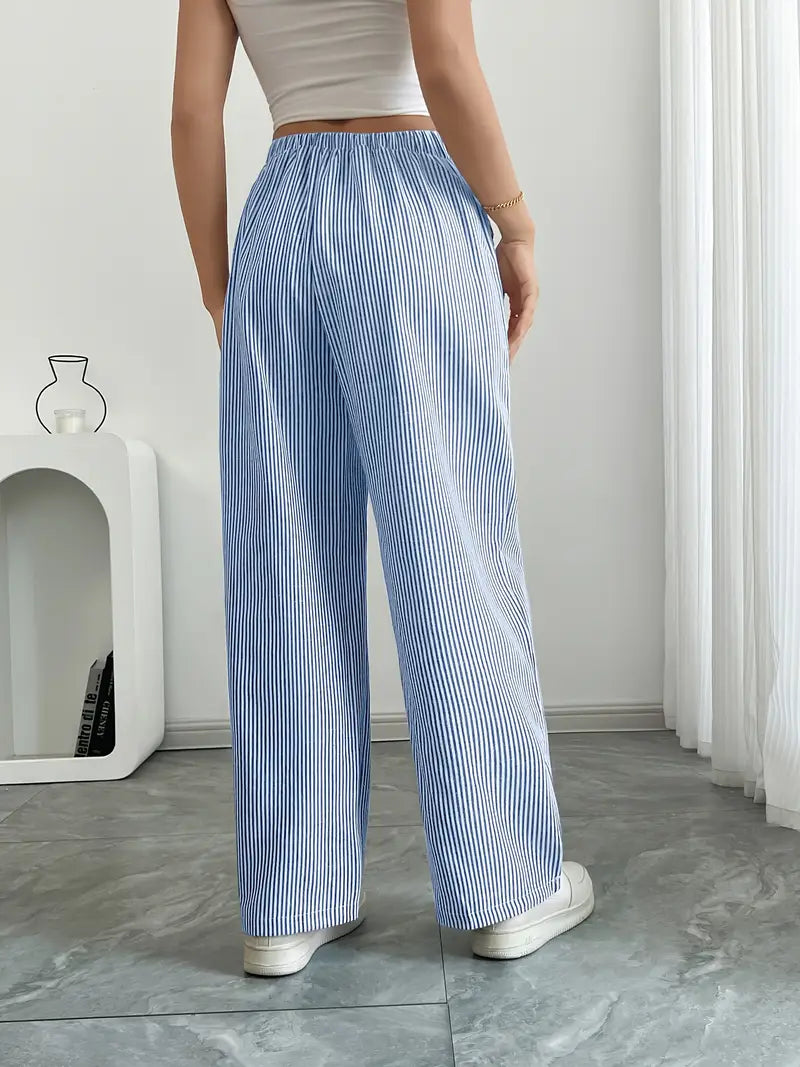 Pantaloni a gamba larga a righe casual da donna, eleganti e larghi - Pantaloni estivi leggeri e traspiranti con tasche