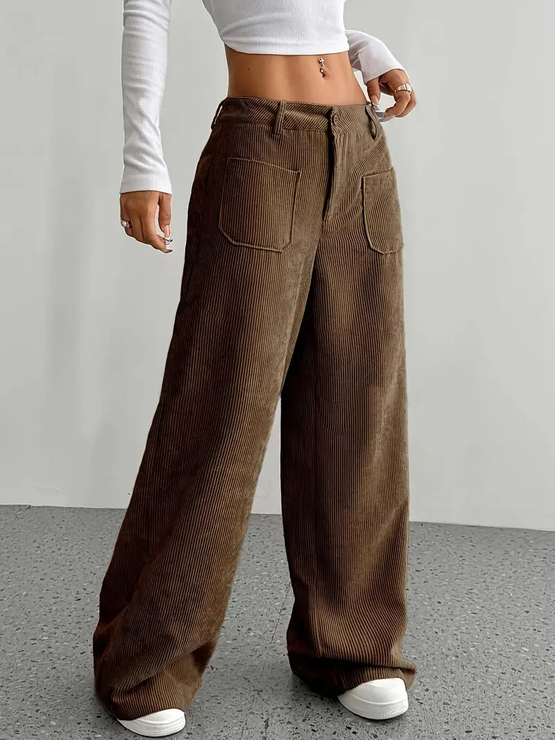 Pantaloni casual da donna a coste e vita alta | Gamba larga