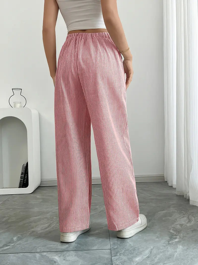 Pantaloni a gamba larga a righe casual da donna, eleganti e larghi - Pantaloni estivi leggeri e traspiranti con tasche