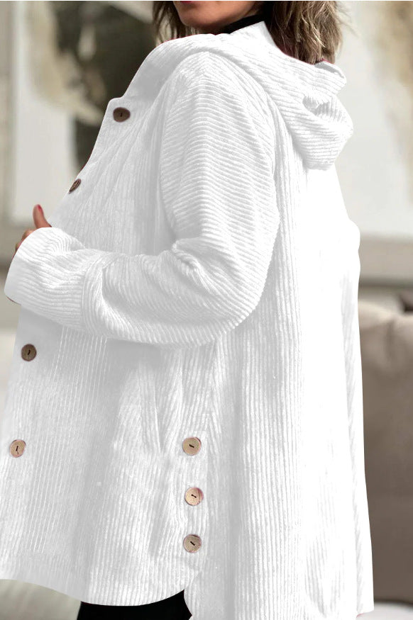 Elegant jakke med hætte i ribfløjl til kvinder – Casual knaplukket mellemlang sweater