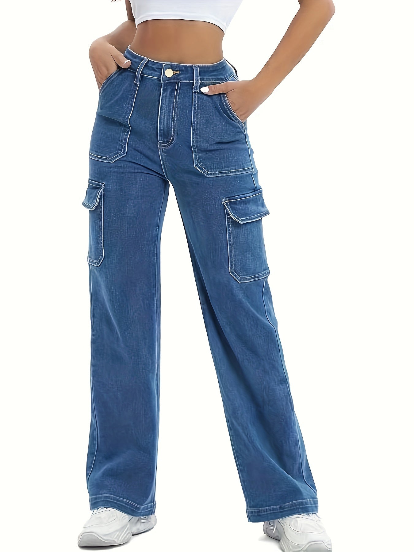 Pantaloni cargo in denim a vita alta da donna - Jeans casual a gamba larga