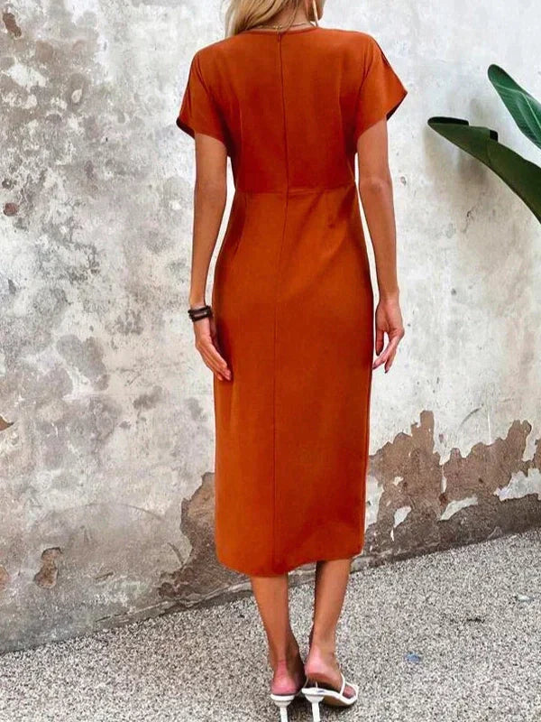 Donna Arancione Abito Elegante Midi Manica Corta Incrocio – Audace, Scolpito