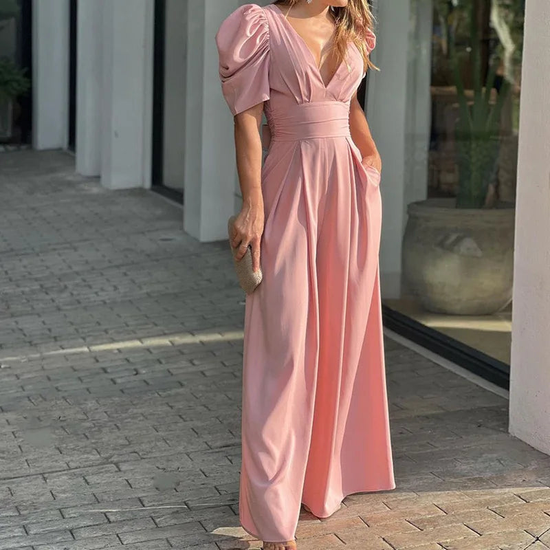 Donna Tuta Elegante Scollo V Maniche a Palloncino – Audace, Femminile, Raffinata