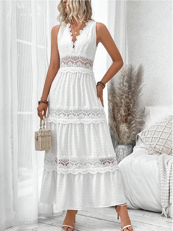 Abito lungo in pizzo bianco da donna - Leggero, elegante, lusinghiero, estivo