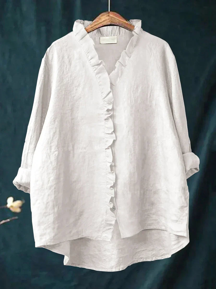 Camicia da donna in lino e cotone con volant e bottoni – Top estivo leggero