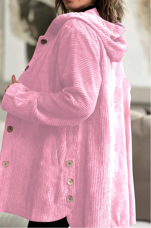 Elegant jakke med hætte i ribfløjl til kvinder – Casual knaplukket mellemlang sweater