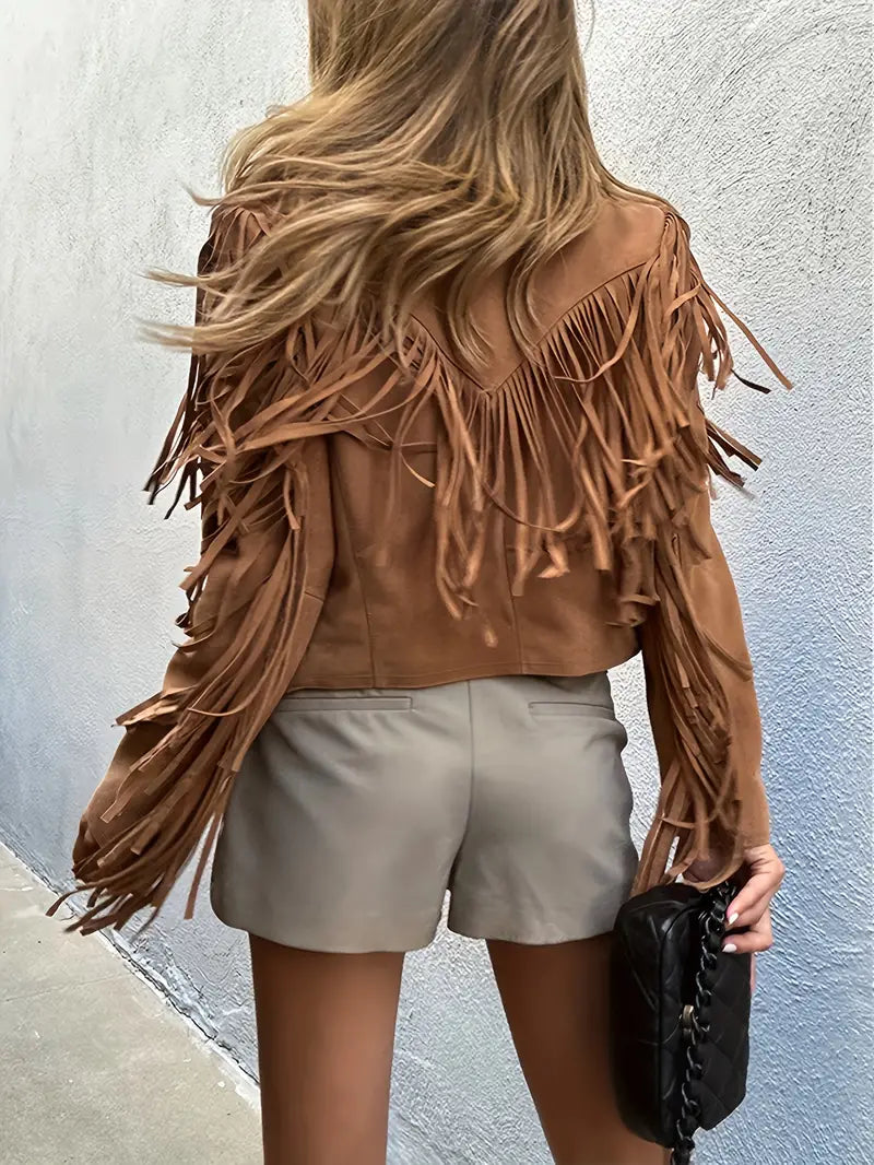 Giacca in pelle scamosciata da donna con colletto a revers e frange - Eleganza bohémien