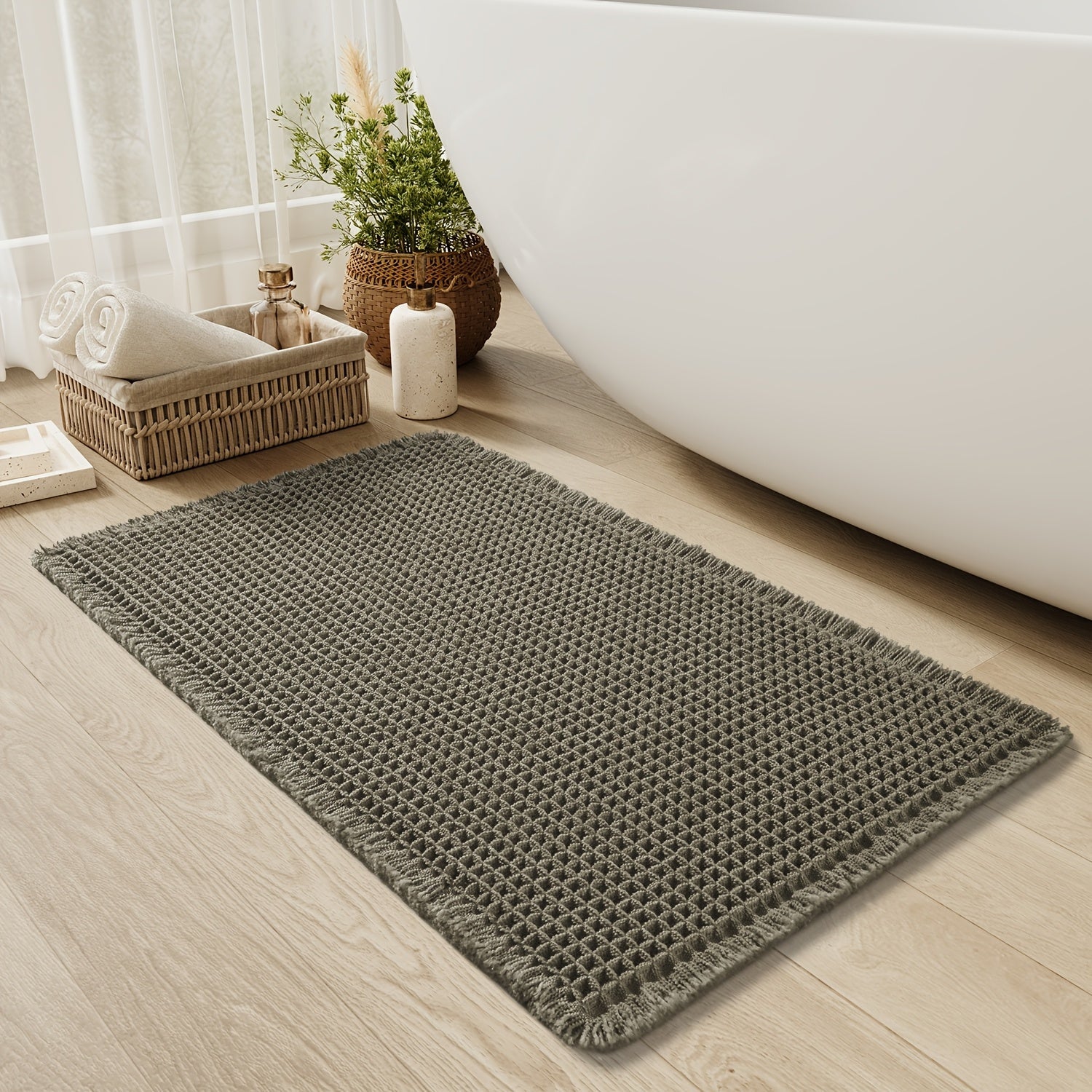 Tappetino da bagno a nido d'ape ultra assorbente - Tappetino antiscivolo con frange, asciugatura rapida e morbido per doccia, vasca da bagno e arredamento per il bagno