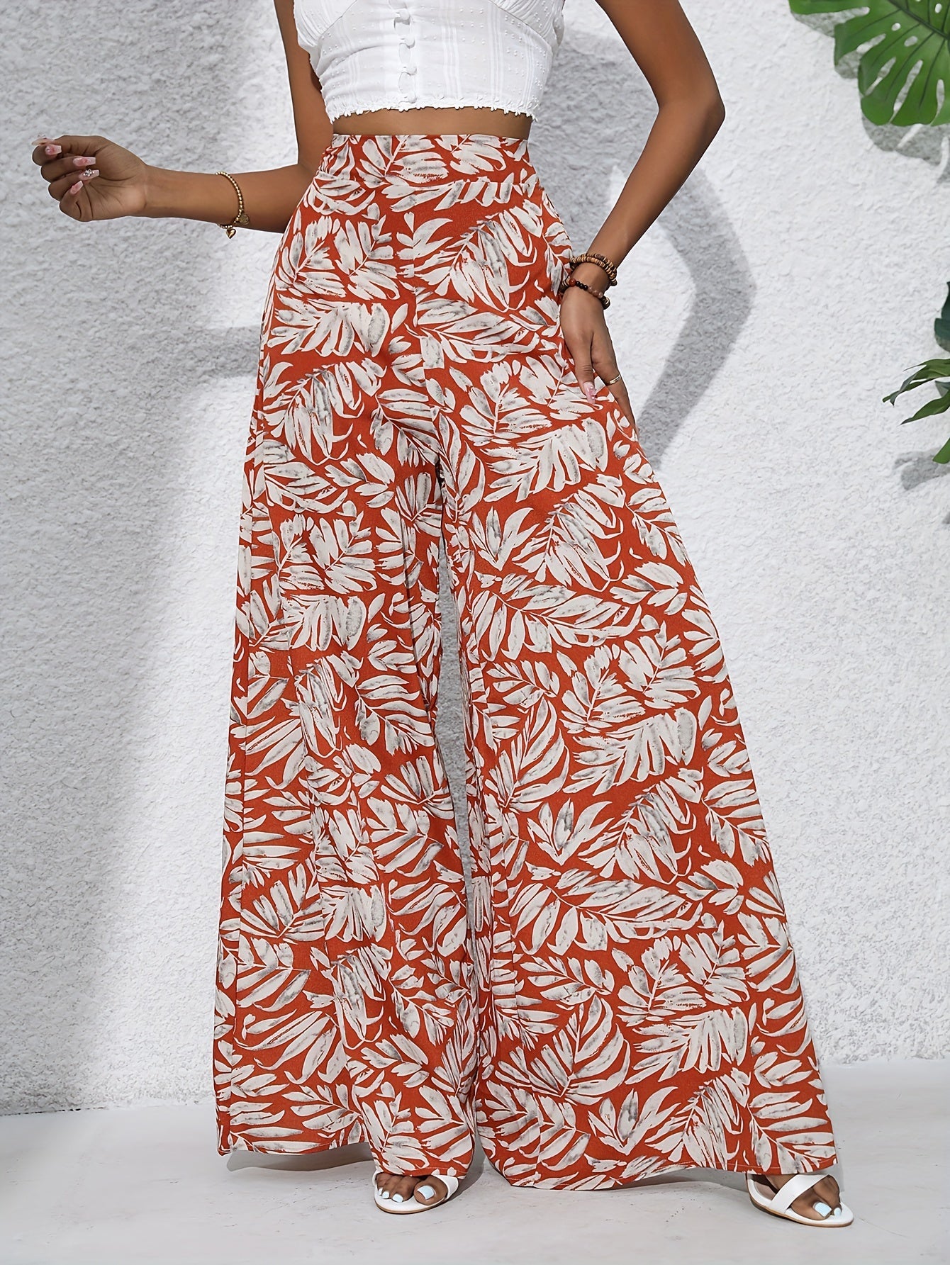 Pantaloni larghi da donna con stampa tropicale – stile boho estivo