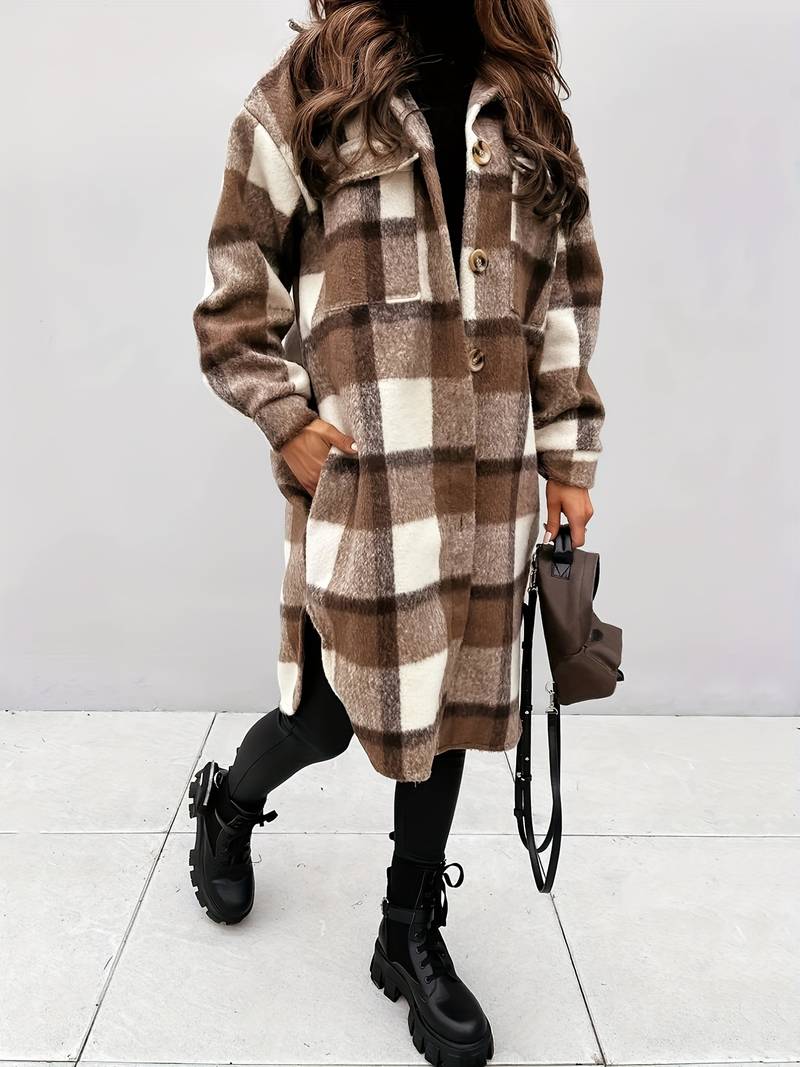 Cappotto Lungo Elegante Premium a Quadri da Donna – Capospalla Trendy e Confortevole