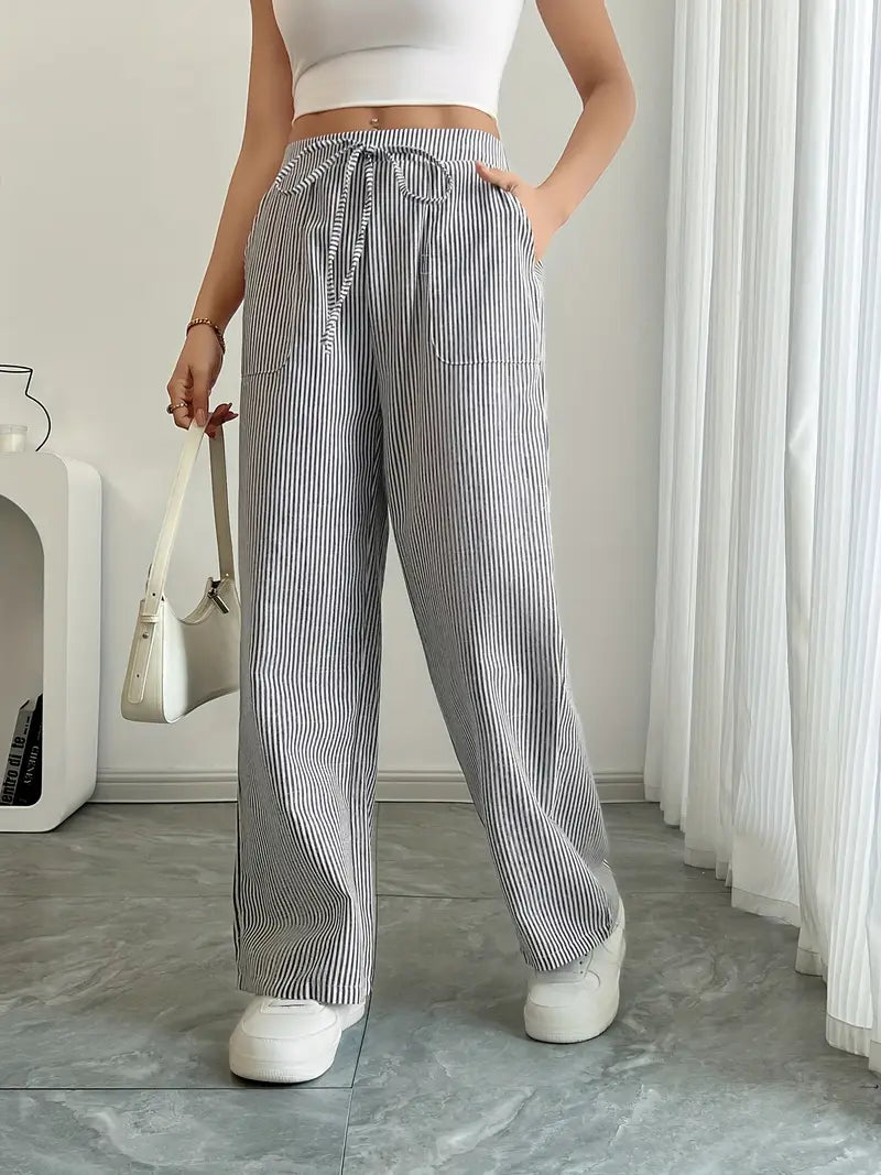Pantaloni a gamba larga a righe casual da donna, eleganti e larghi - Pantaloni estivi leggeri e traspiranti con tasche