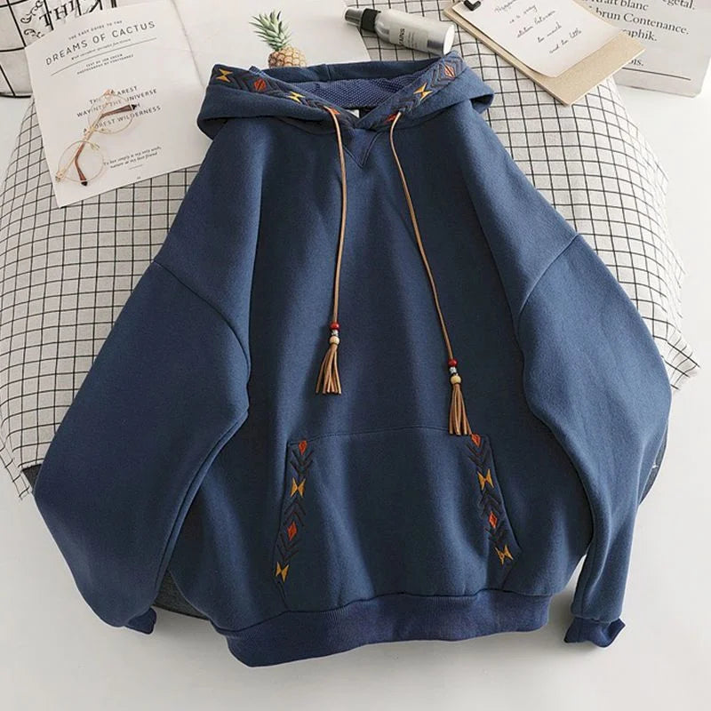Felpa con cappuccio spessa, ricamata e oversize per donna