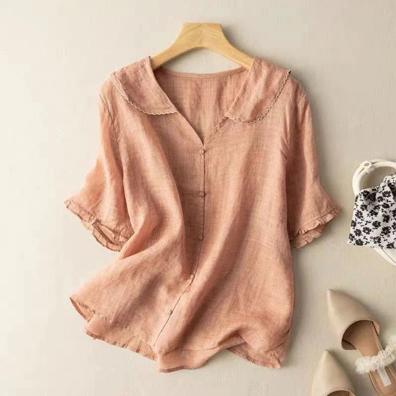 Camicetta estiva da donna casual in lino con scollo a V e maniche corte - vestibilità ampia, traspirante e leggera