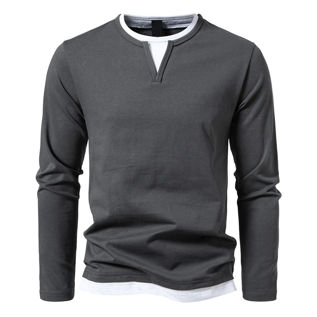 Polo da uomo a maniche lunghe con scollo rotondo ed effetto a strati - Essenziale casual ed elegante