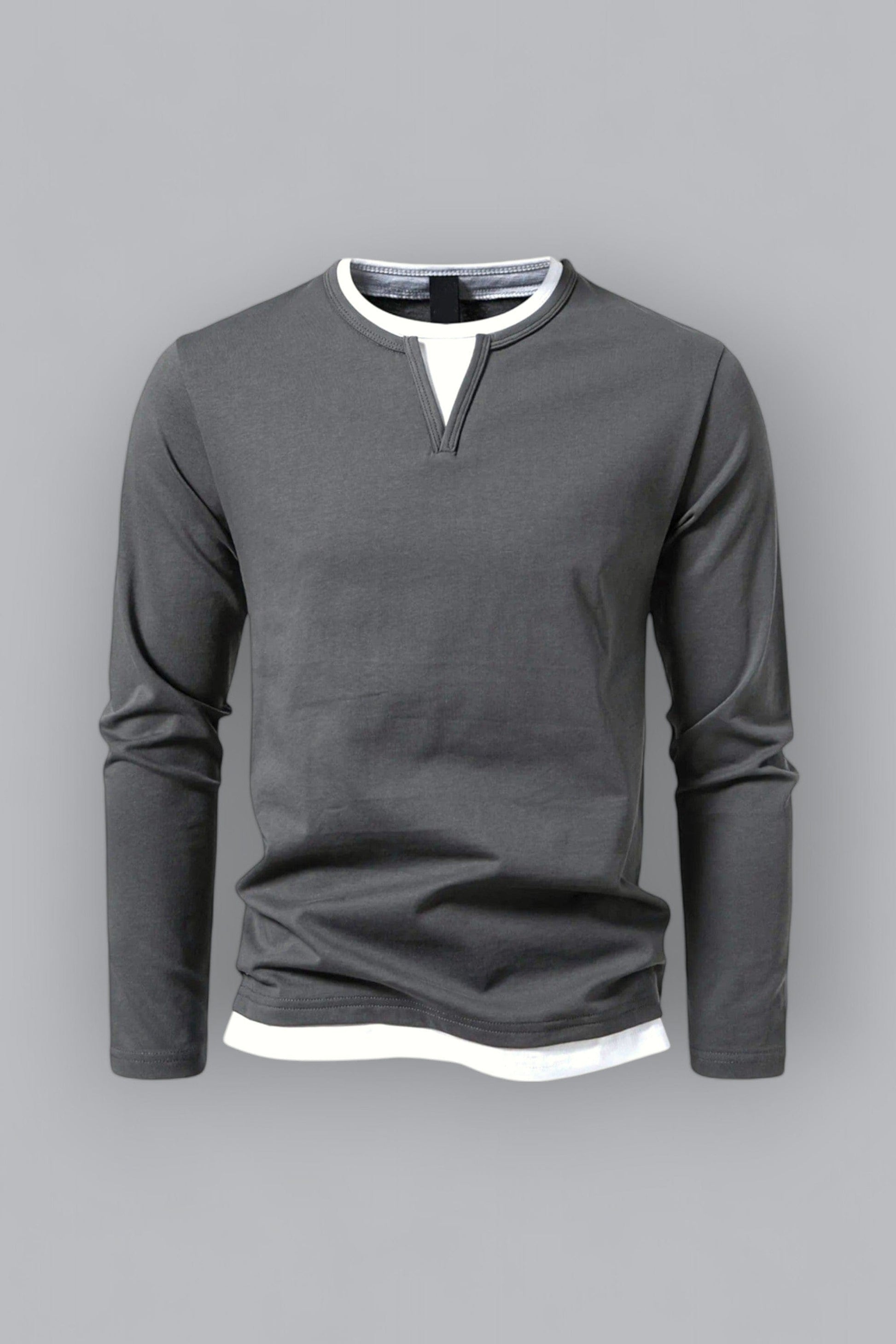 Polo da uomo a maniche lunghe con scollo rotondo ed effetto a strati - Essenziale casual ed elegante