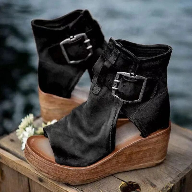 Stivali con plateau in pelle scamosciata con punta aperta da donna - Sandali con tacco alto, eleganti e comodi