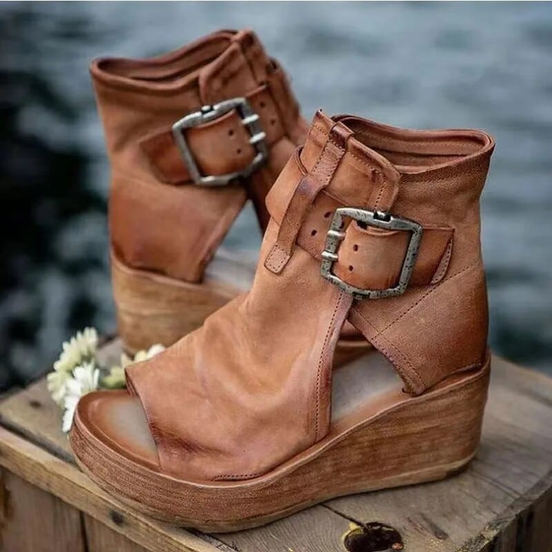 Stivali con plateau in pelle scamosciata con punta aperta da donna - Sandali con tacco alto, eleganti e comodi