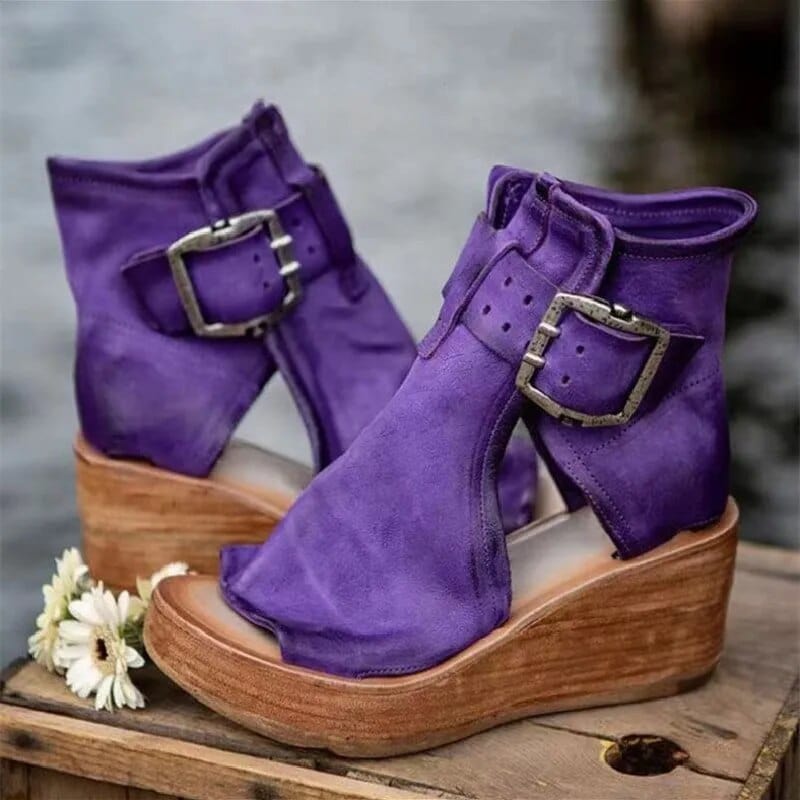 Stivali con plateau in pelle scamosciata con punta aperta da donna - Sandali con tacco alto, eleganti e comodi