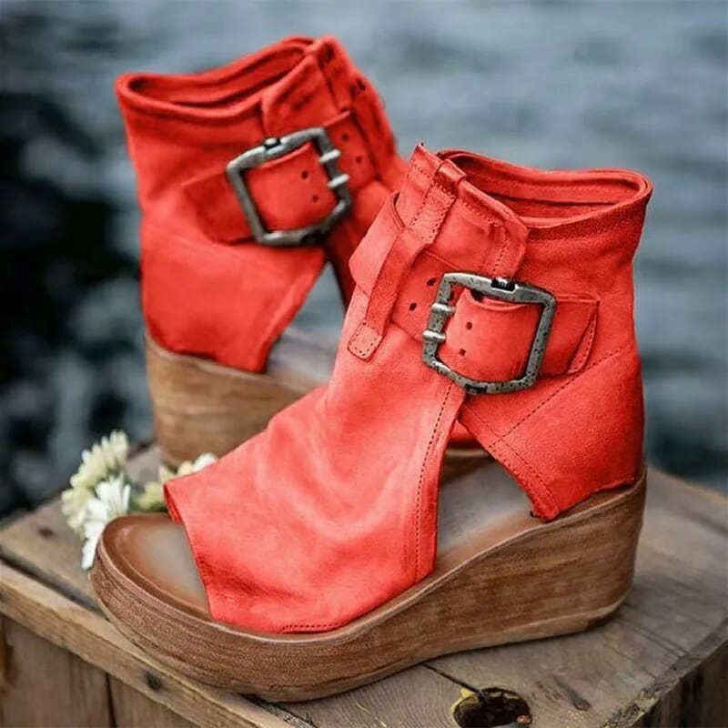 Stivali con plateau in pelle scamosciata con punta aperta da donna - Sandali con tacco alto, eleganti e comodi