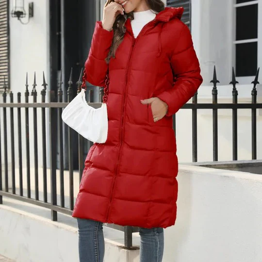 Piumino lungo con cerniera da donna - Caldo cappotto invernale con cappuccio