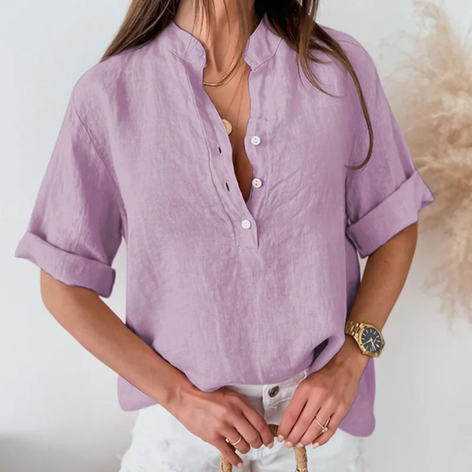 Elegante camicetta in lino da donna con mezze maniche - Top casual elegante