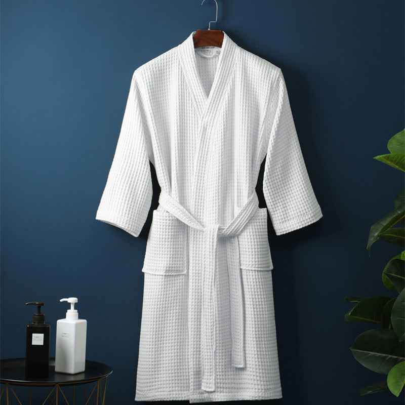 Accappatoio Unisex in Cotone a Coste con Scollo a V – Vestibilità Ampia, Tinta Unita, Assorbente, Traspirante, Confortevole con Cintura, Perfetto per Tutte le Stagioni