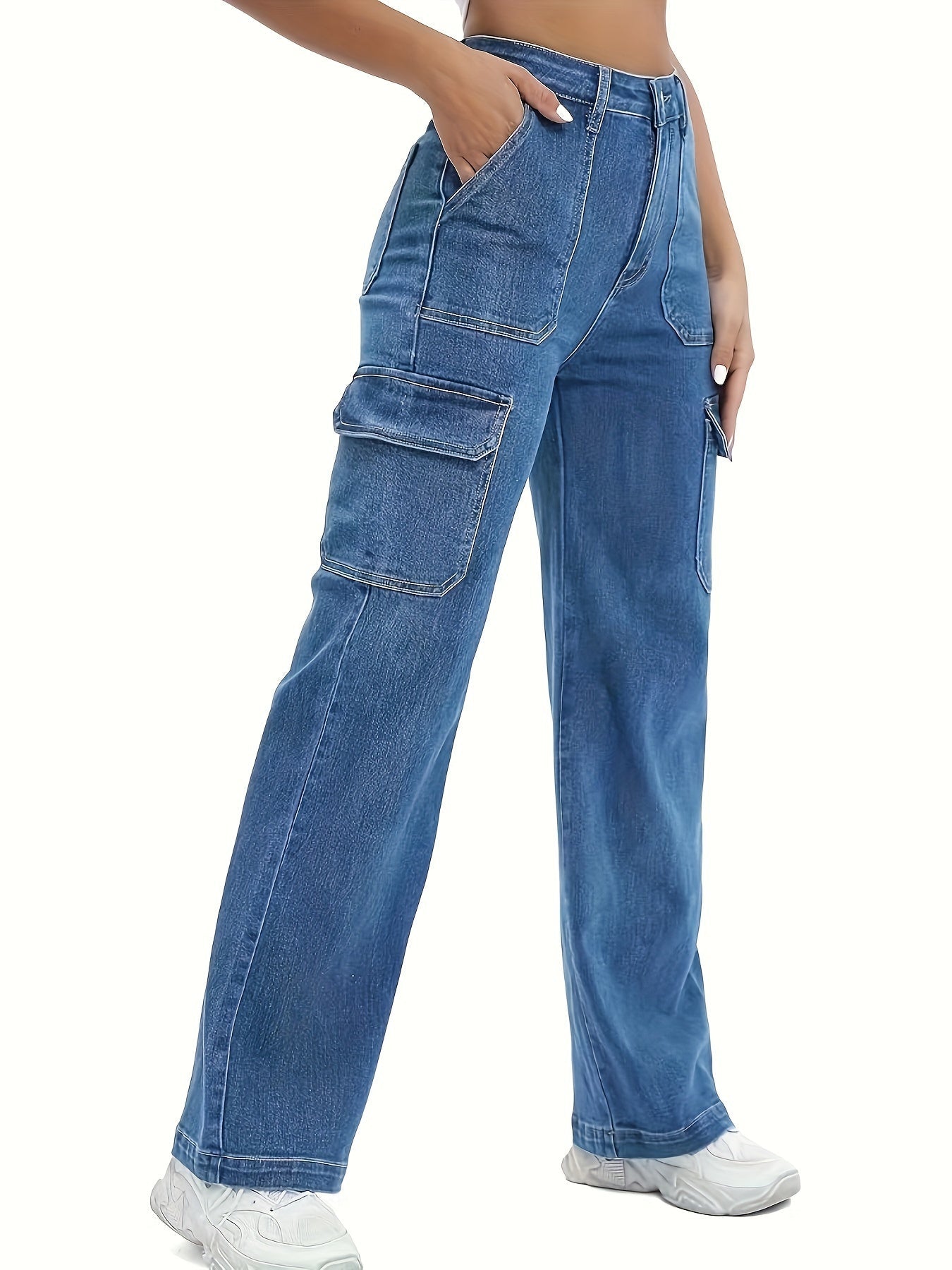 Pantaloni cargo in denim a vita alta da donna - Jeans casual a gamba larga