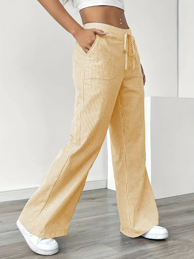 Pantaloni a gamba larga a righe casual da donna, eleganti e larghi - Pantaloni estivi leggeri e traspiranti con tasche
