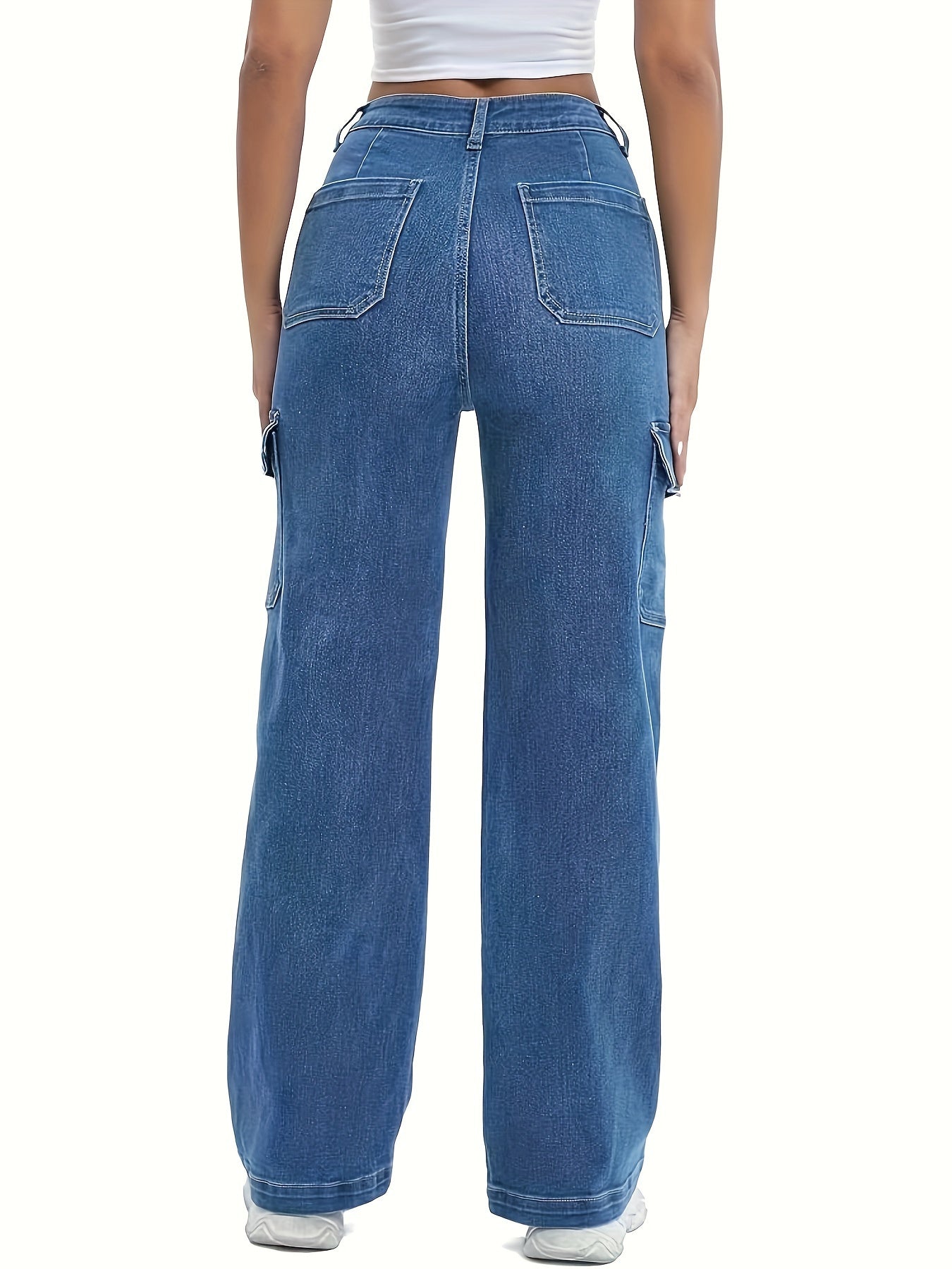 Pantaloni cargo in denim a vita alta da donna - Jeans casual a gamba larga