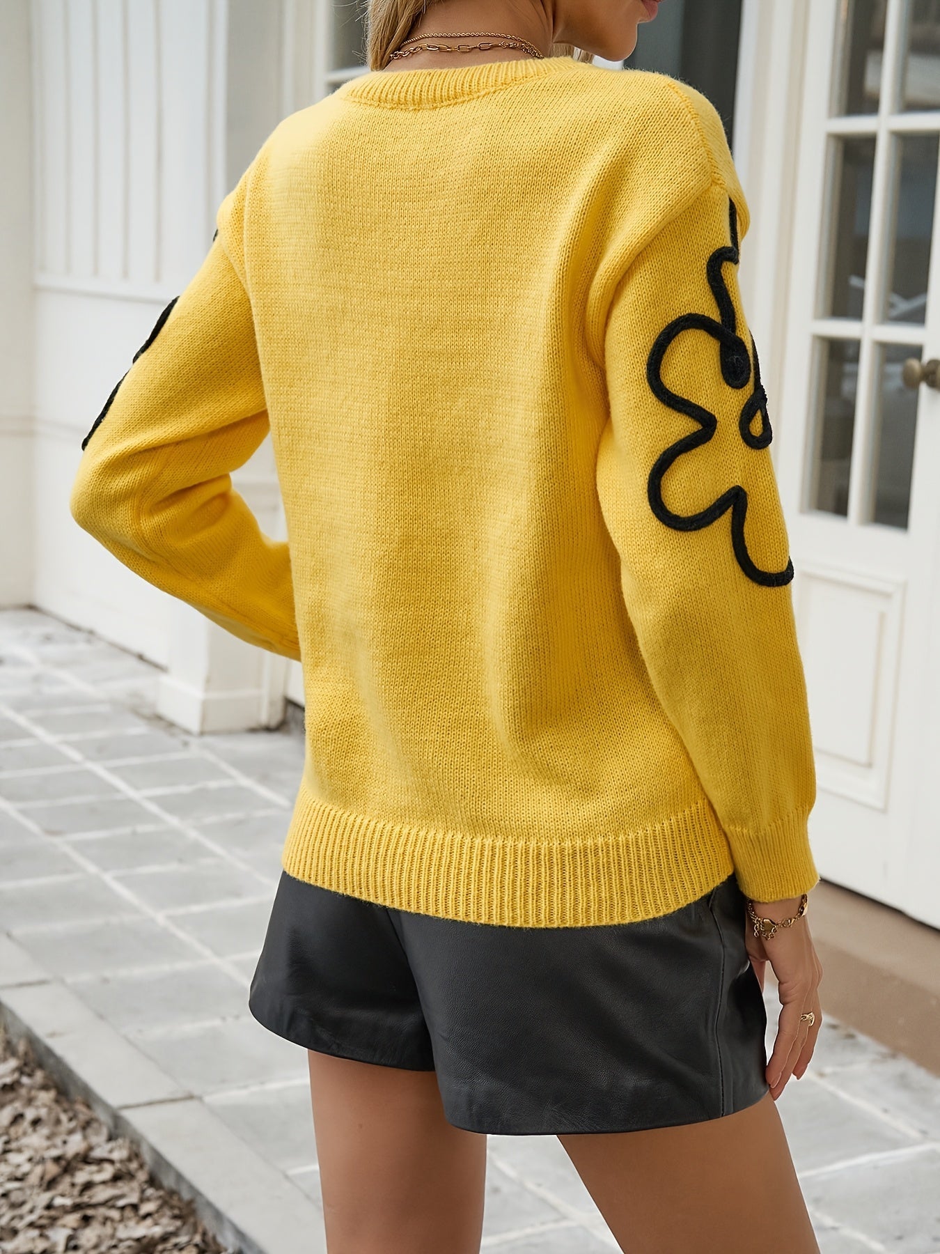 Elegante maglione da donna con ricamo floreale - Morbido girocollo in maglia