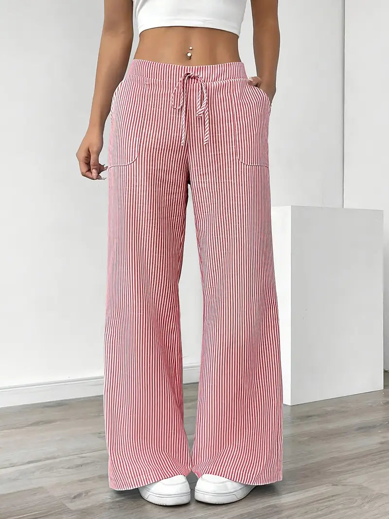 Pantaloni a gamba larga a righe casual da donna, eleganti e larghi - Pantaloni estivi leggeri e traspiranti con tasche