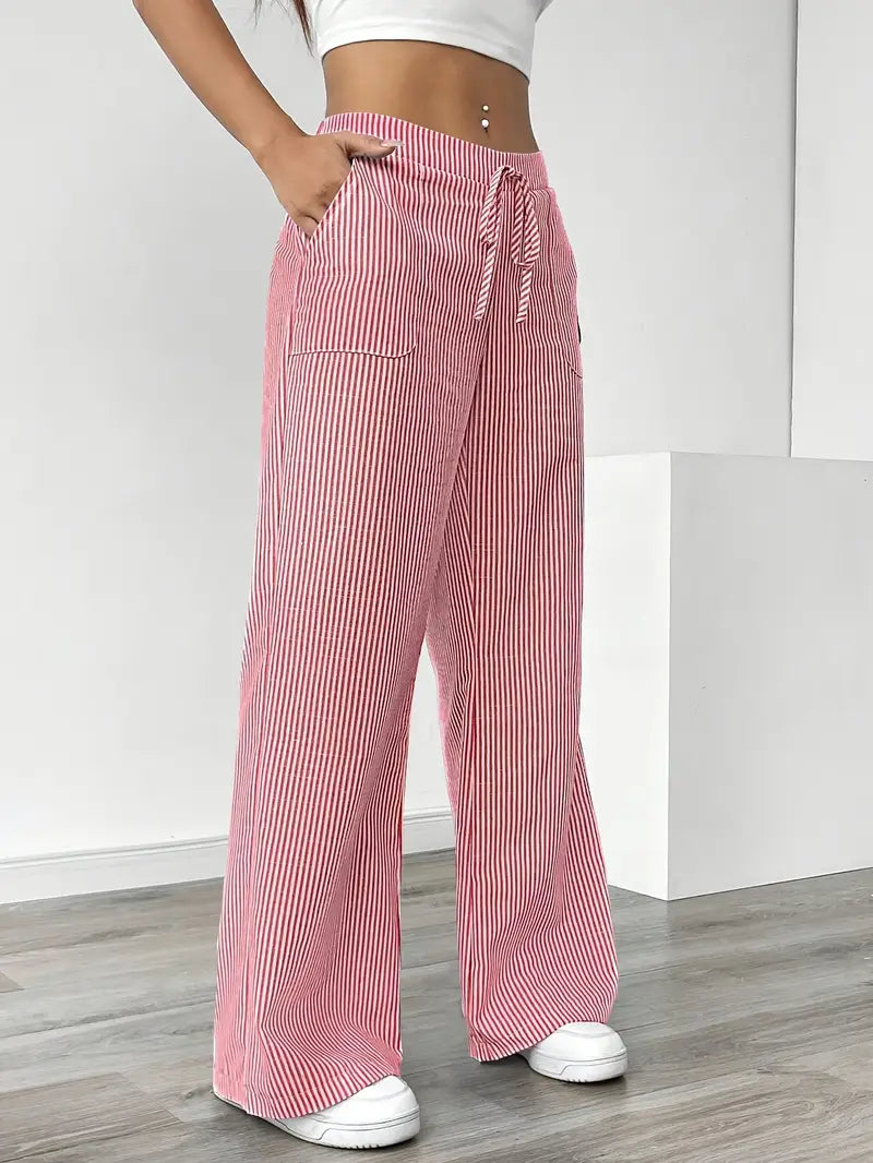 Pantaloni a gamba larga a righe casual da donna, eleganti e larghi - Pantaloni estivi leggeri e traspiranti con tasche