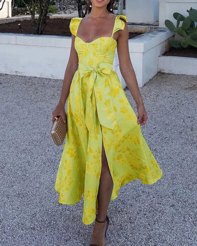 Abito midi da donna con fiocco e spalline arricciate