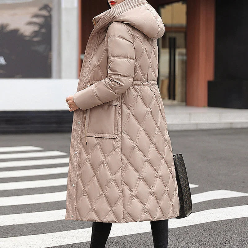 Cappotto invernale lungo trapuntato a trapezio da donna - Comodo piumino con cerniera