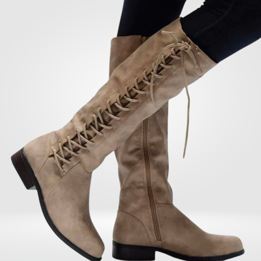 Stivali alti al ginocchio in pelle con lacci da donna, comodi e resistenti - Scarpe autunnali e invernali