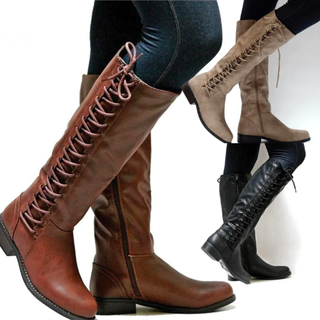 Stivali alti al ginocchio in pelle con lacci da donna, comodi e resistenti - Scarpe autunnali e invernali