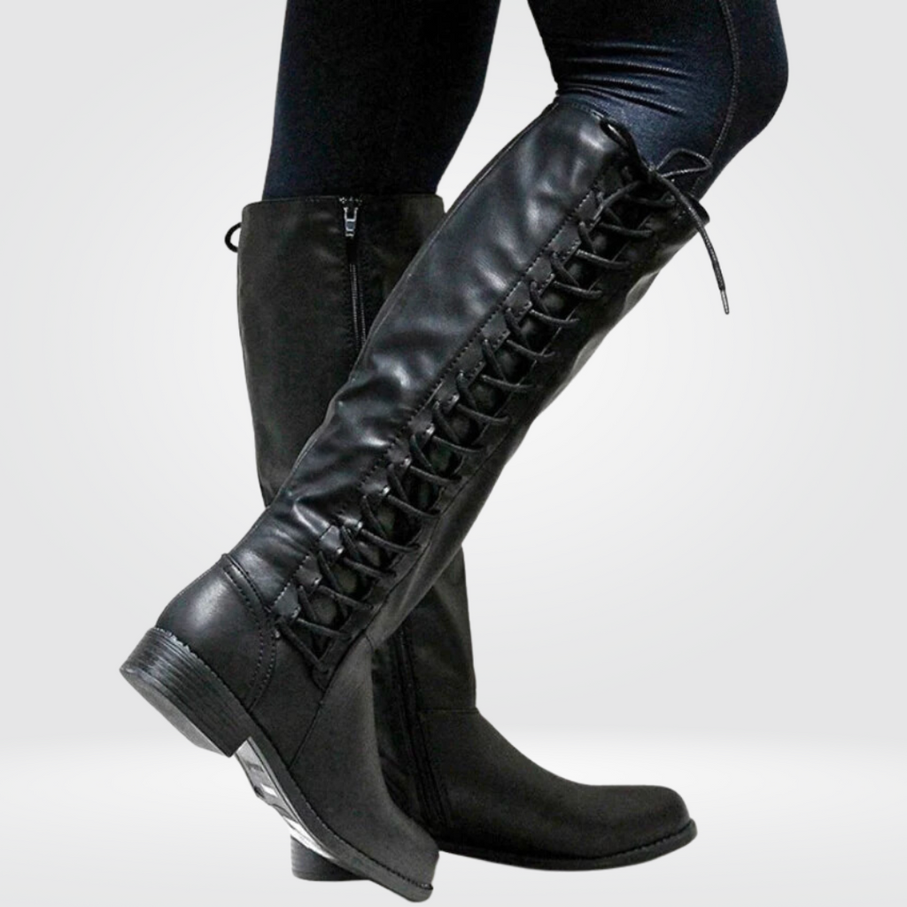 Stivali alti al ginocchio in pelle con lacci da donna, comodi e resistenti - Scarpe autunnali e invernali