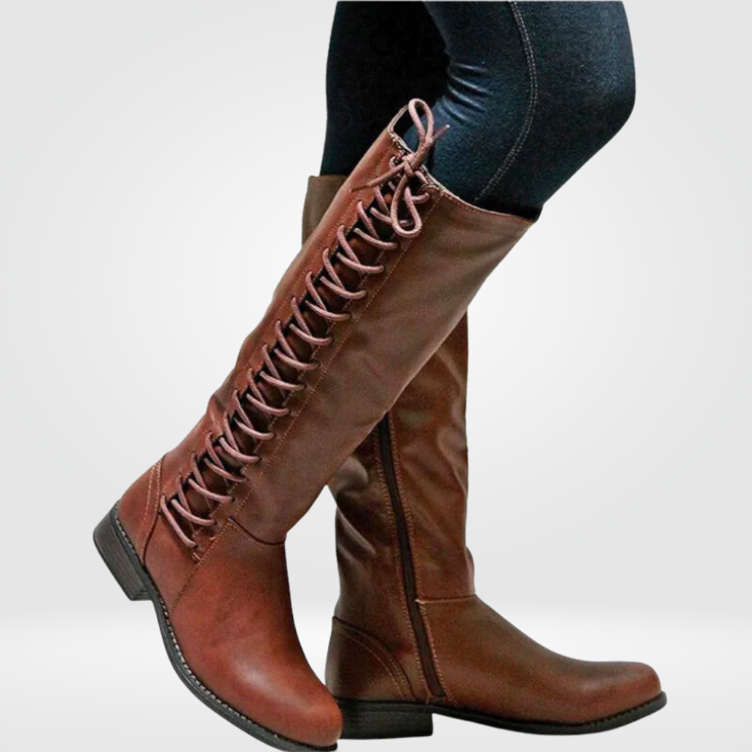Stivali alti al ginocchio in pelle con lacci da donna, comodi e resistenti - Scarpe autunnali e invernali