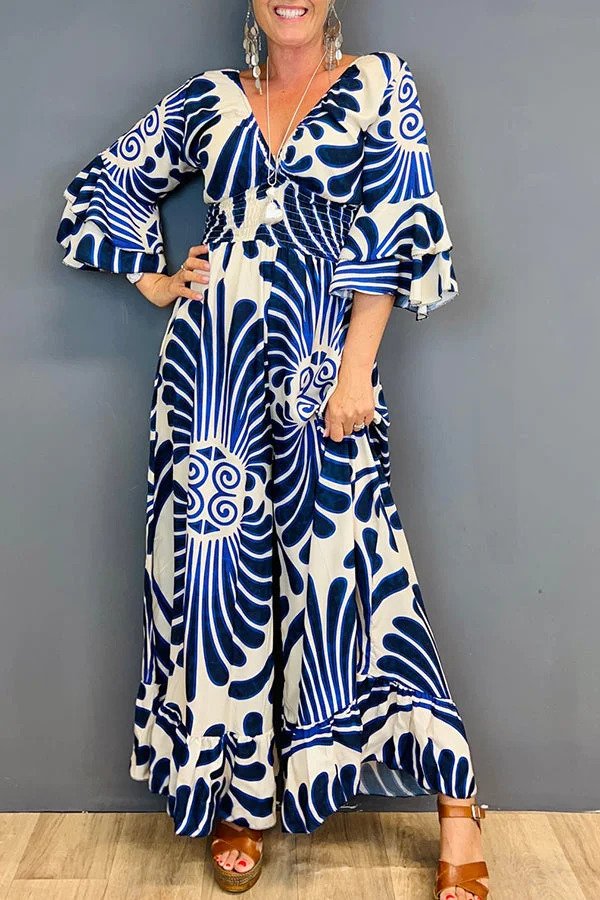 Tuta da donna con stampa floreale vintage e maniche arricciate