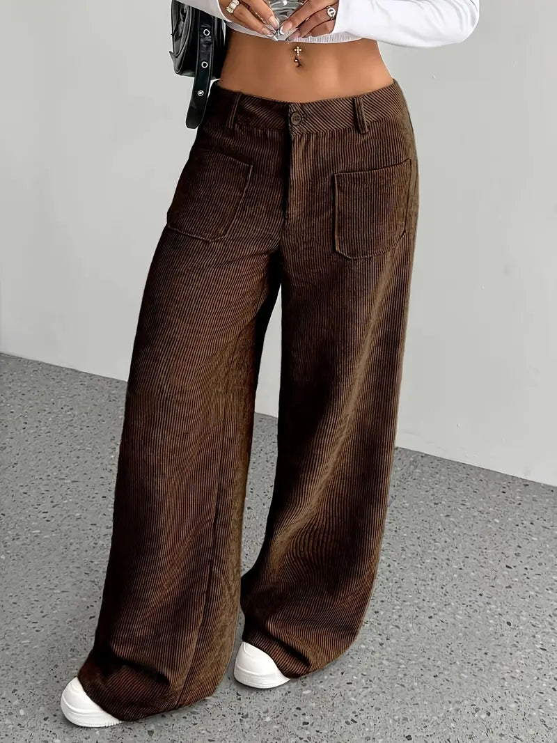 Pantaloni casual da donna a coste e vita alta | Gamba larga