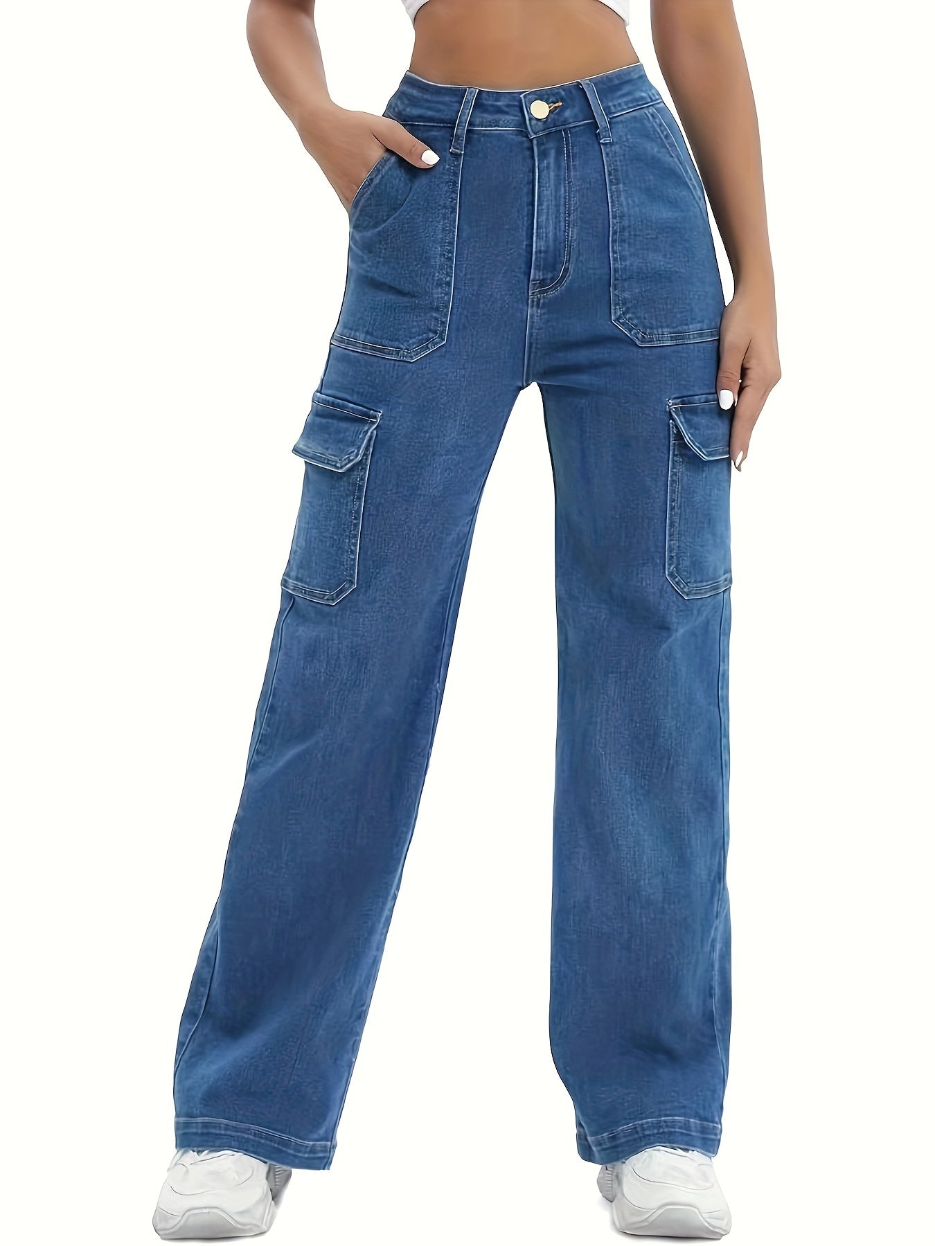 Pantaloni cargo in denim a vita alta da donna - Jeans casual a gamba larga