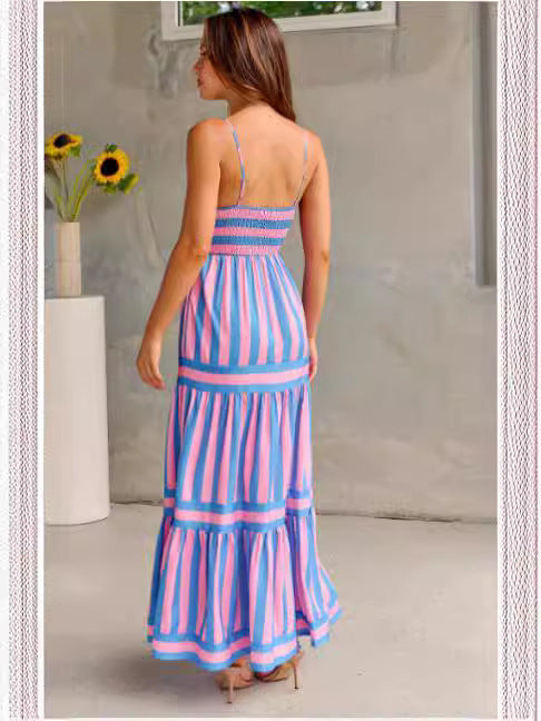 Elegante abito lungo estivo a righe - spalline sottili