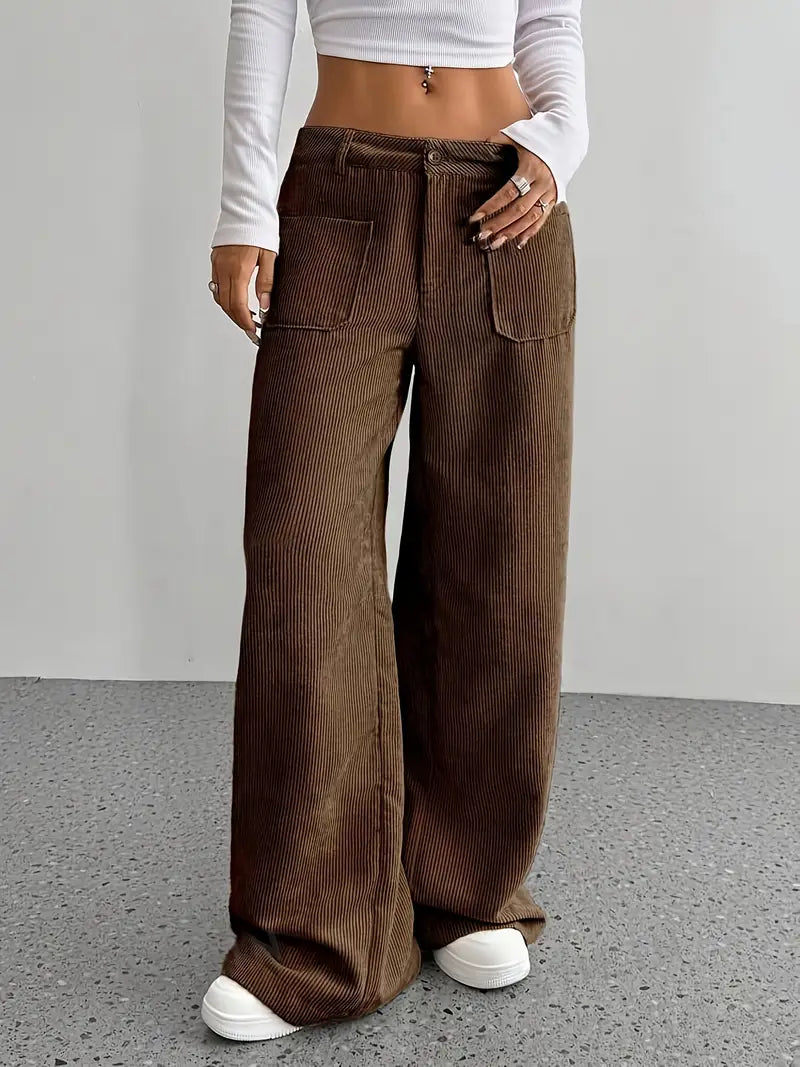 Pantaloni casual da donna a coste e vita alta | Gamba larga