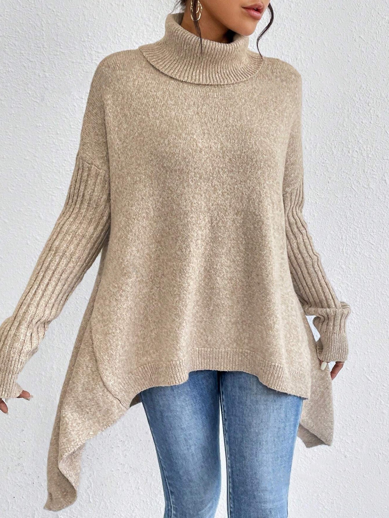 Maglione dolcevita irregolare da donna – Pullover a maniche lunghe in maglia larga