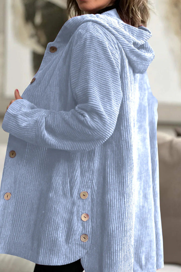 Elegant jakke med hætte i ribfløjl til kvinder – Casual knaplukket mellemlang sweater