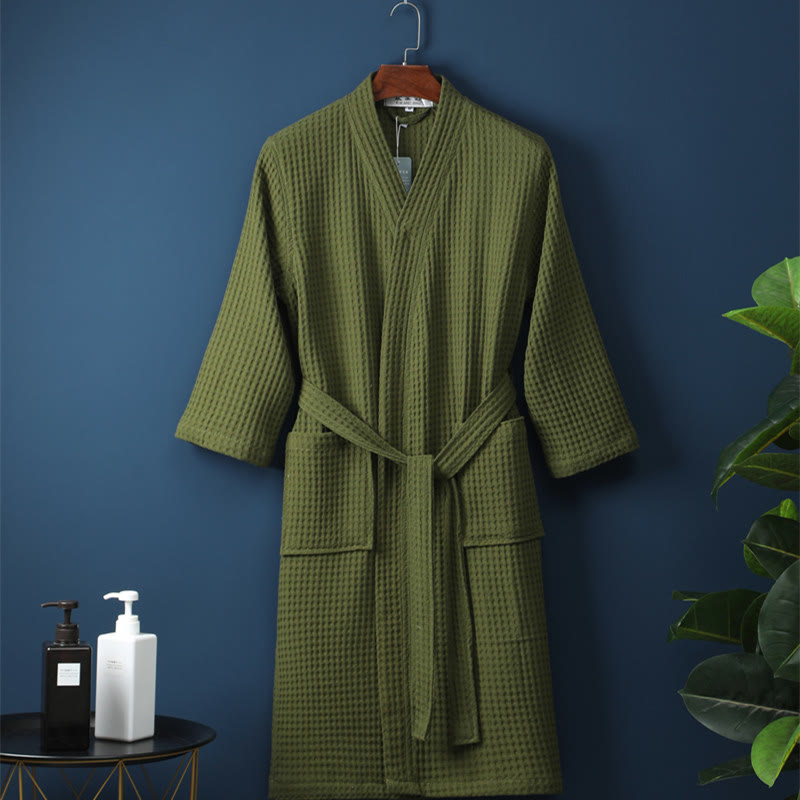 Accappatoio Unisex in Cotone a Coste con Scollo a V – Vestibilità Ampia, Tinta Unita, Assorbente, Traspirante, Confortevole con Cintura, Perfetto per Tutte le Stagioni