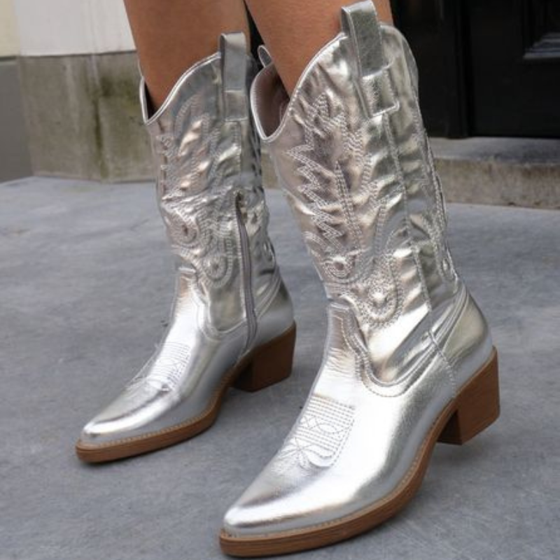 Stivali da donna stile western metallizzati – Stivali neri alla caviglia comodi ed eleganti per look casual e da festa
