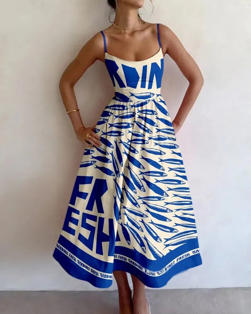 Abito midi elegante donna con stampa astratta di pesci – Flattere, artistico, estivo, perfetto per invitate a matrimoni